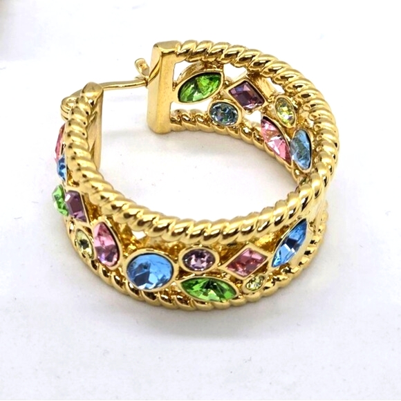 Massive Fashion Hoop Earrings Pastel Colorful Rhinestones 1 5/16 x 1 1/8in Gold - Picture 4 of 6